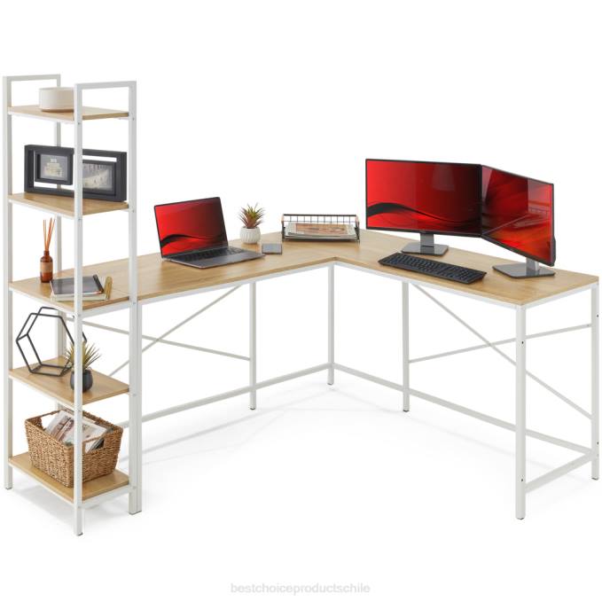 accesorio Best Choice Products Escritorio para computadora en forma de L, estación de trabajo de estudio con estantería de almacenamiento abierta de 5 niveles roble blanco08BN649