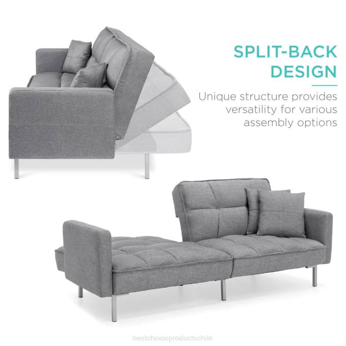 accesorio Best Choice Products Futón capitoné de lino convertible con 2 almohadas lujosas, diseño con respaldo dividido gris oscuro08BN634