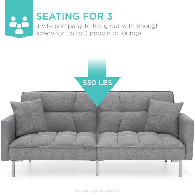 accesorio Best Choice Products Futón capitoné de lino convertible con 2 almohadas lujosas, diseño con respaldo dividido gris oscuro08BN634