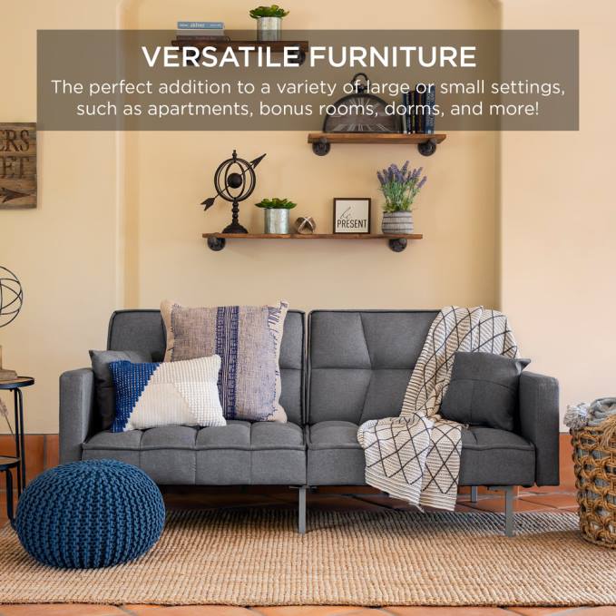 accesorio Best Choice Products Futón capitoné de lino convertible con 2 almohadas lujosas, diseño con respaldo dividido gris oscuro08BN634