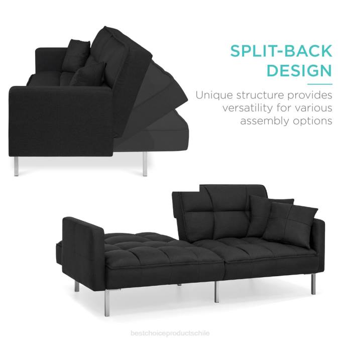 accesorio Best Choice Products Futón capitoné de lino convertible con 2 almohadas lujosas, diseño con respaldo dividido negro08BN632