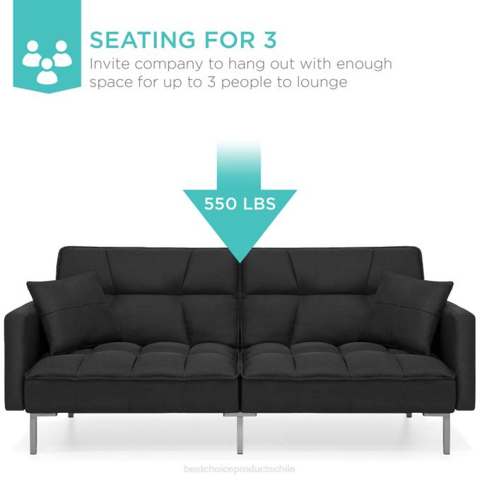 accesorio Best Choice Products Futón capitoné de lino convertible con 2 almohadas lujosas, diseño con respaldo dividido negro08BN632
