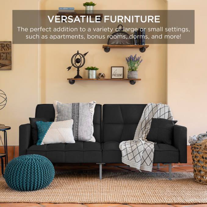 accesorio Best Choice Products Futón capitoné de lino convertible con 2 almohadas lujosas, diseño con respaldo dividido negro08BN632