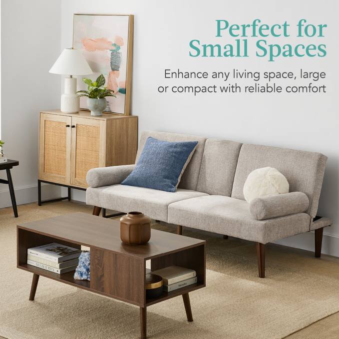 accesorio Best Choice Products Futón convertible tapizado en tela con apoyabrazos redondeados, 2 portavasos arena08BN684