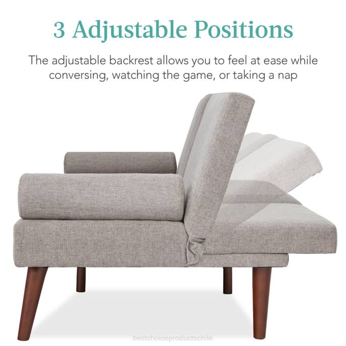 accesorio Best Choice Products Futón convertible tapizado en tela con apoyabrazos redondeados, 2 portavasos gris08BN686