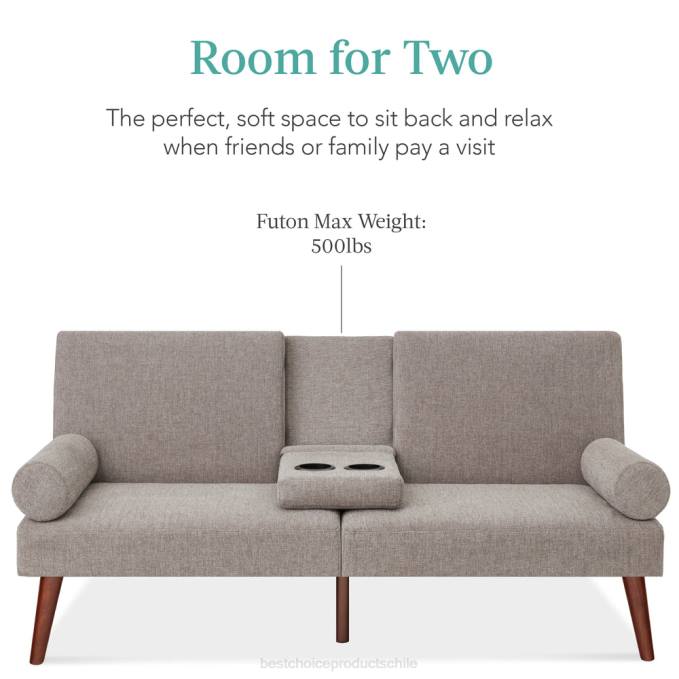 accesorio Best Choice Products Futón convertible tapizado en tela con apoyabrazos redondeados, 2 portavasos gris08BN686