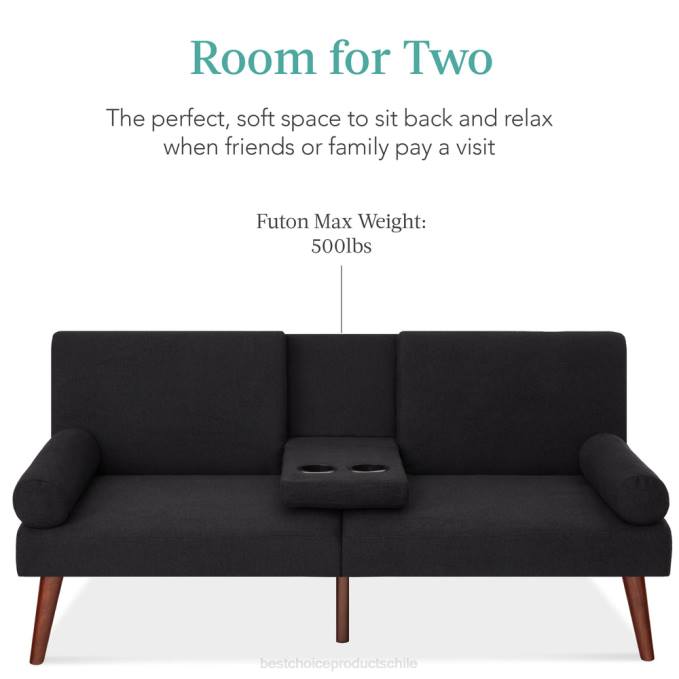 accesorio Best Choice Products Futón convertible tapizado en tela con apoyabrazos redondeados, 2 portavasos negro08BN685