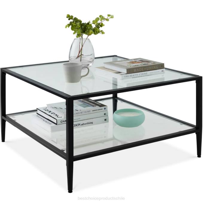 accesorio Best Choice Products Mesa de centro cuadrada grande de 2 niveles decorativa para sala de estar con tapa de vidrio negro08BN1254