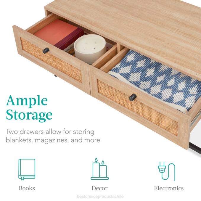 accesorio Best Choice Products Mesa de centro de ratán de 2 cajones con acabado de veta de madera de roble y estructura de metal nogal claro08BN1227