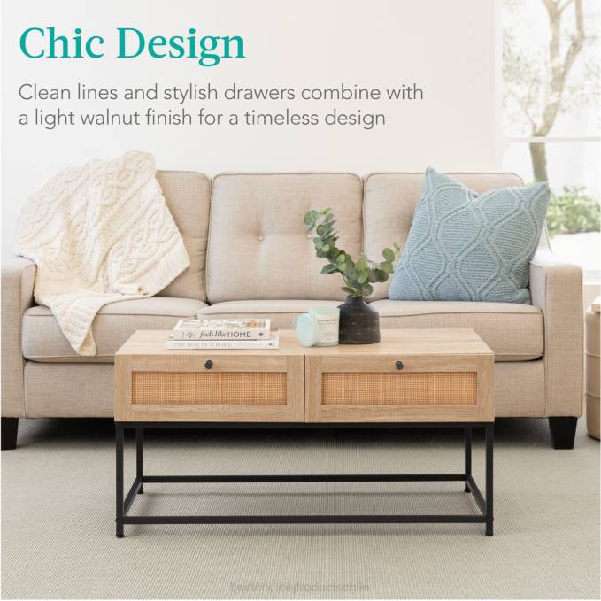 accesorio Best Choice Products Mesa de centro de ratán de 2 cajones con acabado de veta de madera de roble y estructura de metal nogal claro08BN1227