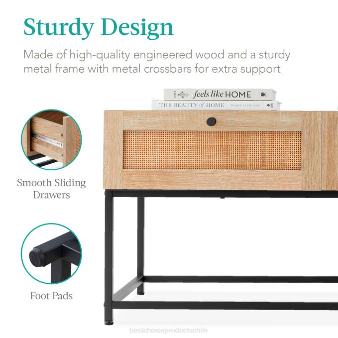 accesorio Best Choice Products Mesa de centro de ratán de 2 cajones con acabado de veta de madera de roble y estructura de metal nogal claro08BN1227