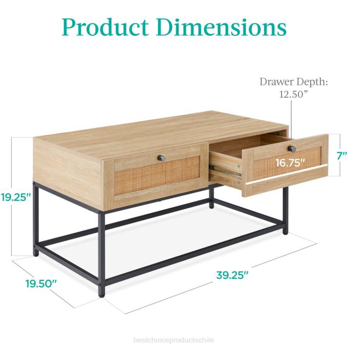 accesorio Best Choice Products Mesa de centro de ratán de 2 cajones con acabado de veta de madera de roble y estructura de metal nogal claro08BN1227