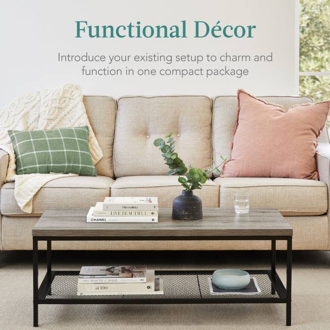 accesorio Best Choice Products Mesa de centro moderna de 2 niveles con acento rectangular industrial y estante gris08BN738