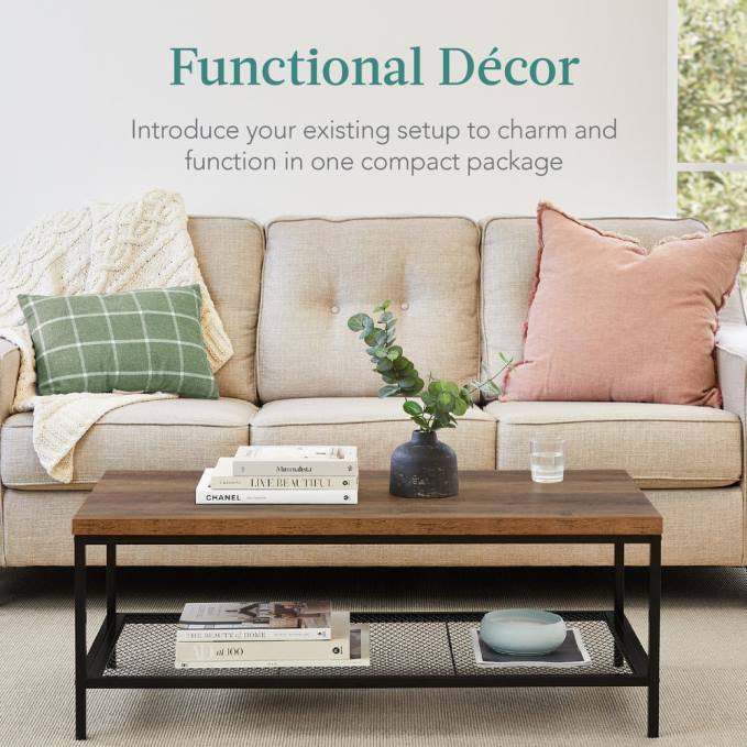 accesorio Best Choice Products Mesa de centro moderna de 2 niveles con acento rectangular industrial y estante marrón08BN737