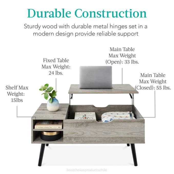 accesorio Best Choice Products Mesa de centro moderna de madera de mediados de siglo con tapa elevable y estante extraíble gris08BN694
