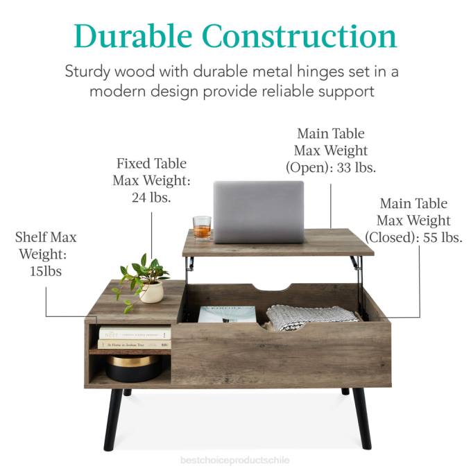accesorio Best Choice Products Mesa de centro moderna de madera de mediados de siglo con tapa elevable y estante extraíble roble gris08BN696