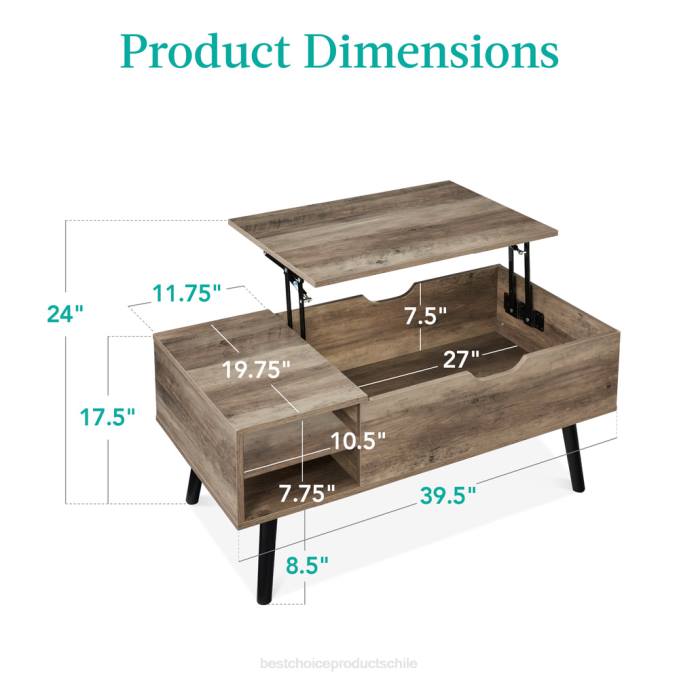 accesorio Best Choice Products Mesa de centro moderna de madera de mediados de siglo con tapa elevable y estante extraíble roble gris08BN696