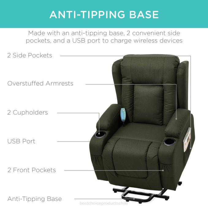 accesorio Best Choice Products Sillón de masaje reclinable con elevador eléctrico con calefacción, puerto USB y portavasos aceituna08BN340