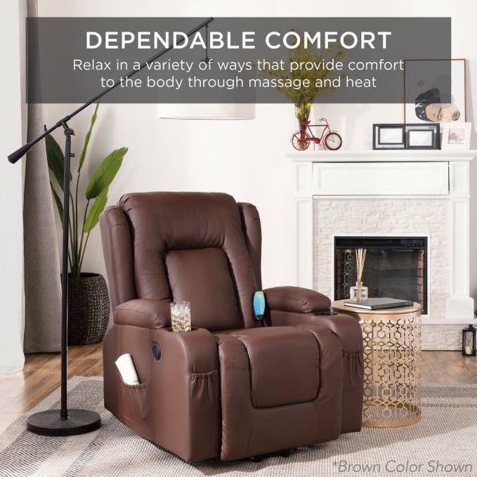 accesorio Best Choice Products Sillón de masaje reclinable con elevador eléctrico con calefacción, puerto USB y portavasos coñac08BN622