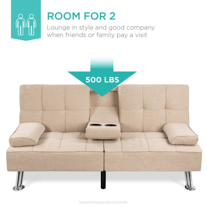 accesorio Best Choice Products Sofá cama convertible tapizado en lino futón con 2 portavasos beige08BN610