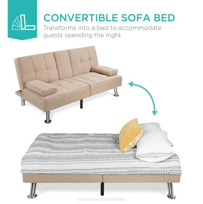accesorio Best Choice Products Sofá cama convertible tapizado en lino futón con 2 portavasos beige08BN610