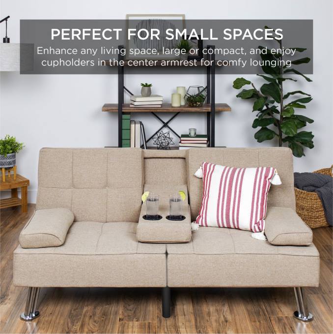 accesorio Best Choice Products Sofá cama convertible tapizado en lino futón con 2 portavasos beige08BN610