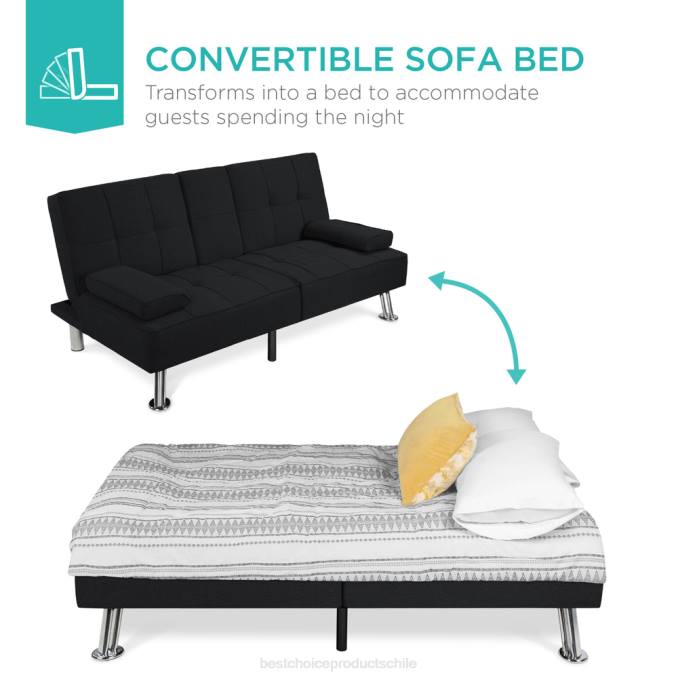 accesorio Best Choice Products Sofá cama convertible tapizado en lino futón con 2 portavasos negro08BN612