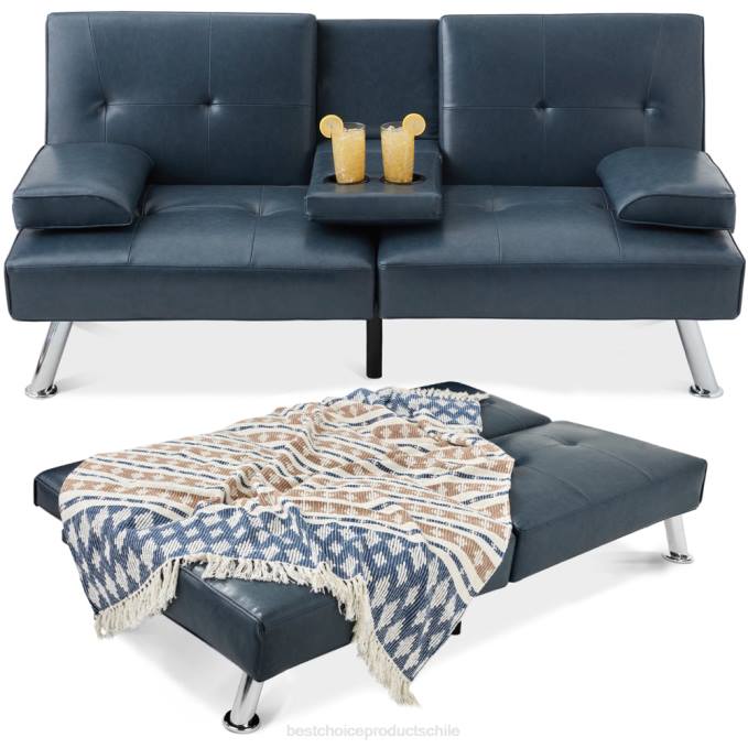 accesorio Best Choice Products Sofá cama convertible tapizado en piel sintética futón con 2 portavasos azul08BN631