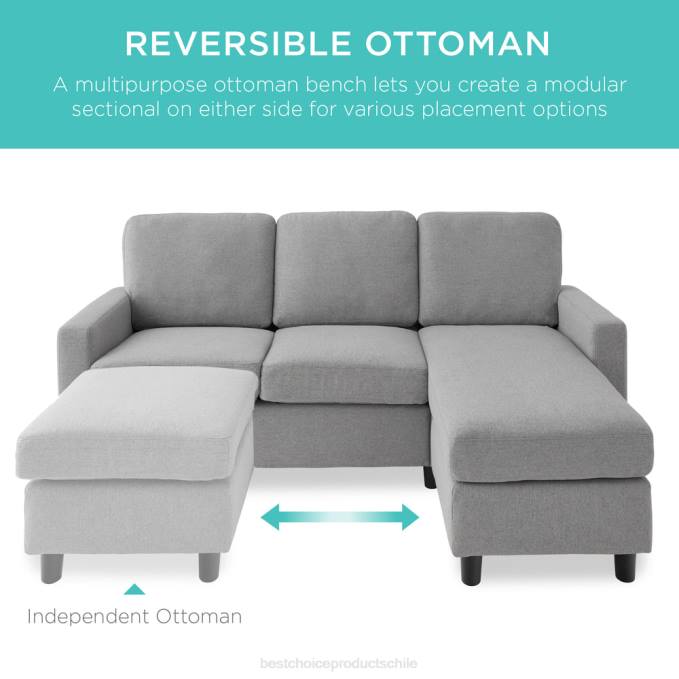 accesorio Best Choice Products Sofá seccional tapizado con chaise lounge, banco otomano reversible gris claro08BN585