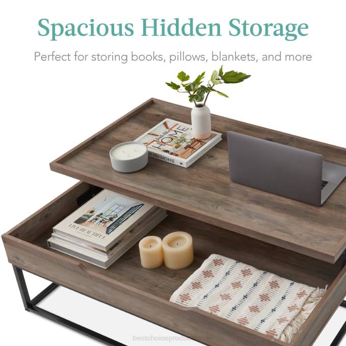 accesorio Best Choice Products mesa de centro elevable con borde de bandeja, acabado de madera veteada roble gris08BN655