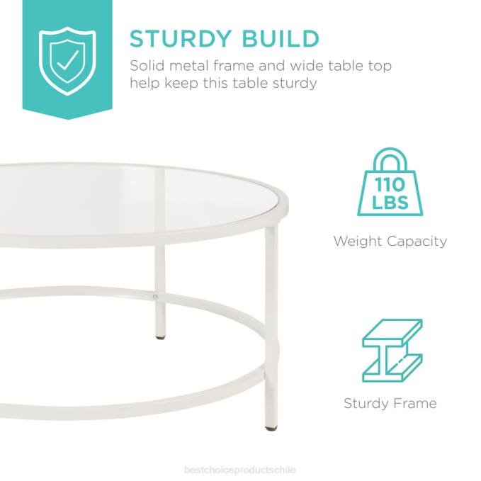 accesorio Best Choice Products mesa de centro redonda de vidrio templado con estructura de acero blanco08BN1244