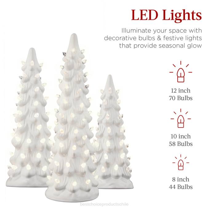 estacional Best Choice Products Juego de 3 árboles de Navidad de mesa de cerámica preiluminados. blanco con luces blancas cálidas08BN204