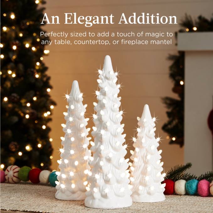 estacional Best Choice Products Juego de 3 árboles de Navidad de mesa de cerámica preiluminados. blanco con luces blancas cálidas08BN204