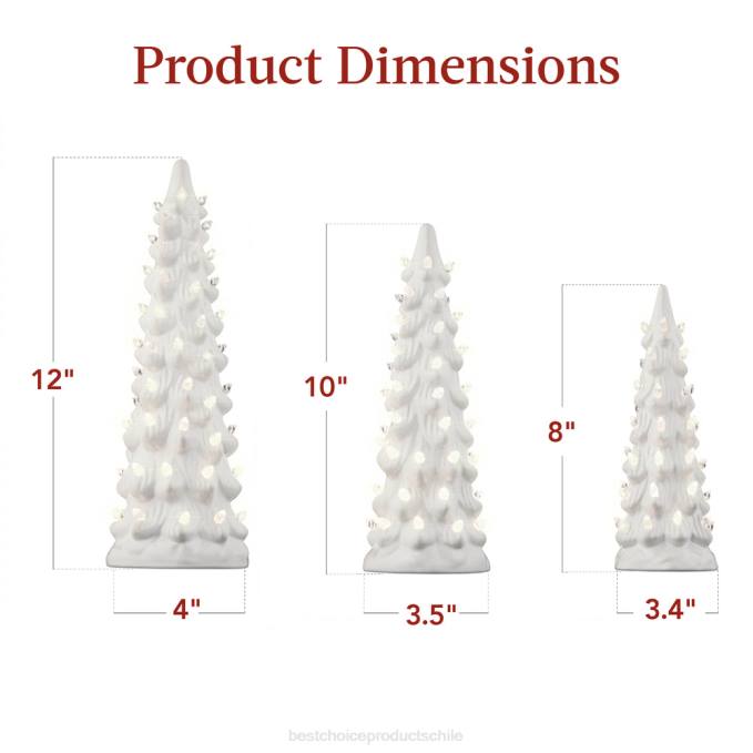 estacional Best Choice Products Juego de 3 árboles de Navidad de mesa de cerámica preiluminados. blanco con luces blancas cálidas08BN204