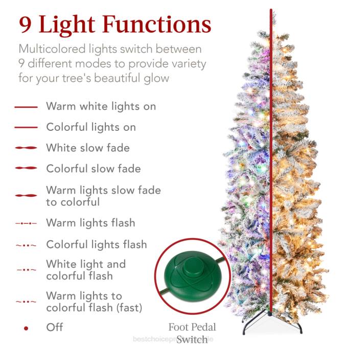 estacional Best Choice Products Árbol de Navidad artificial con forma de lápiz y nieve preiluminado con luces multicolores belleza08BN254