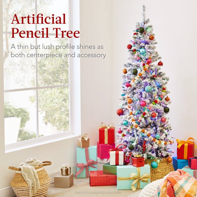 estacional Best Choice Products Árbol de Navidad artificial con forma de lápiz y nieve preiluminado con luces multicolores belleza08BN255
