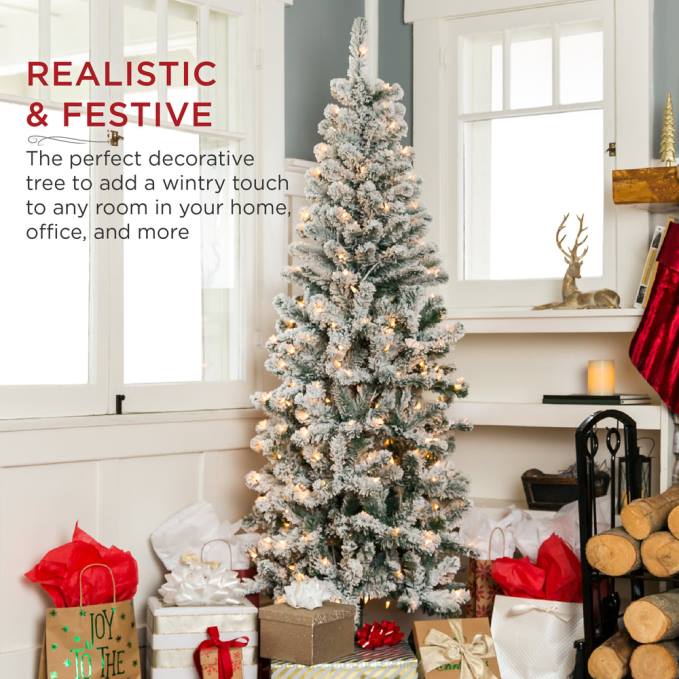 estacional Best Choice Products Árbol de Navidad de lápiz artificial flocado con nieve preiluminado belleza08BN167