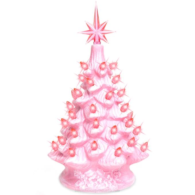 estacional Best Choice Products Árbol de Navidad de mesa de cerámica pintado a mano preiluminado de 11 pulgadas con luces rosa08BN266