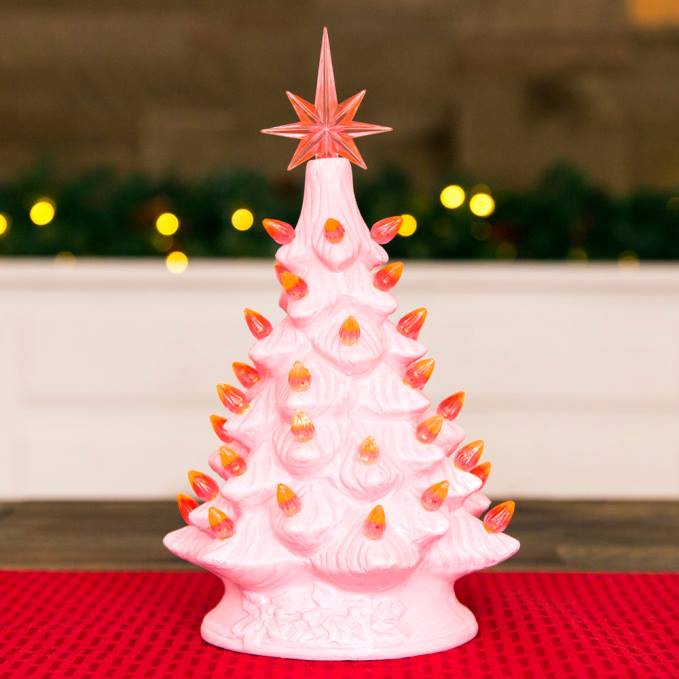 estacional Best Choice Products Árbol de Navidad de mesa de cerámica pintado a mano preiluminado de 11 pulgadas con luces rosa08BN266