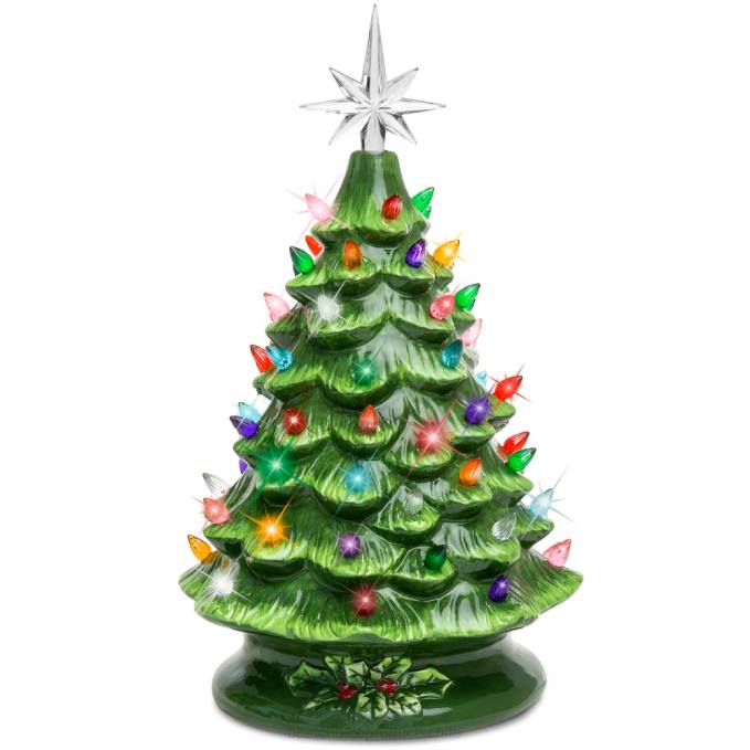estacional Best Choice Products Árbol de Navidad de mesa de cerámica preiluminado con luces - 15 pulgadas verde con luces multicolores08BN216