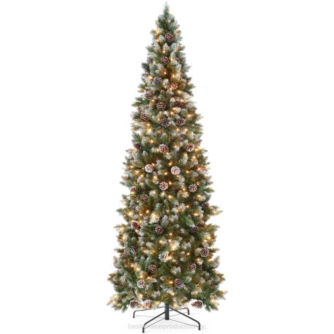 estacional Best Choice Products Árbol de Navidad tipo lápiz preiluminado parcialmente flocado con piñas soporte metálico08BN151