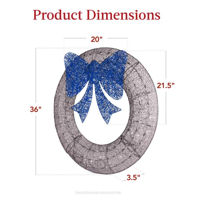 estacional Best Choice Products Corona navideña preiluminada para exteriores, decoración navideña de metal LED con lazo azul plateado08BN129