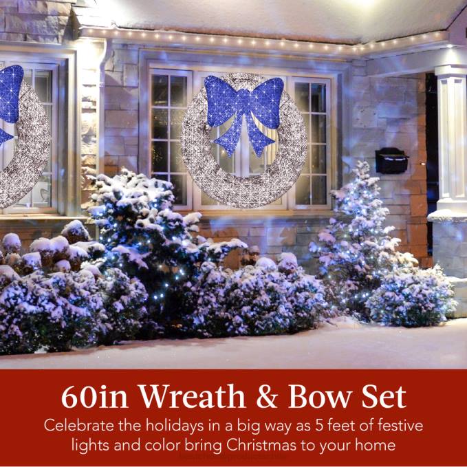 estacional Best Choice Products Corona navideña preiluminada para exteriores, decoración navideña de metal LED con lazo azul plateado08BN213