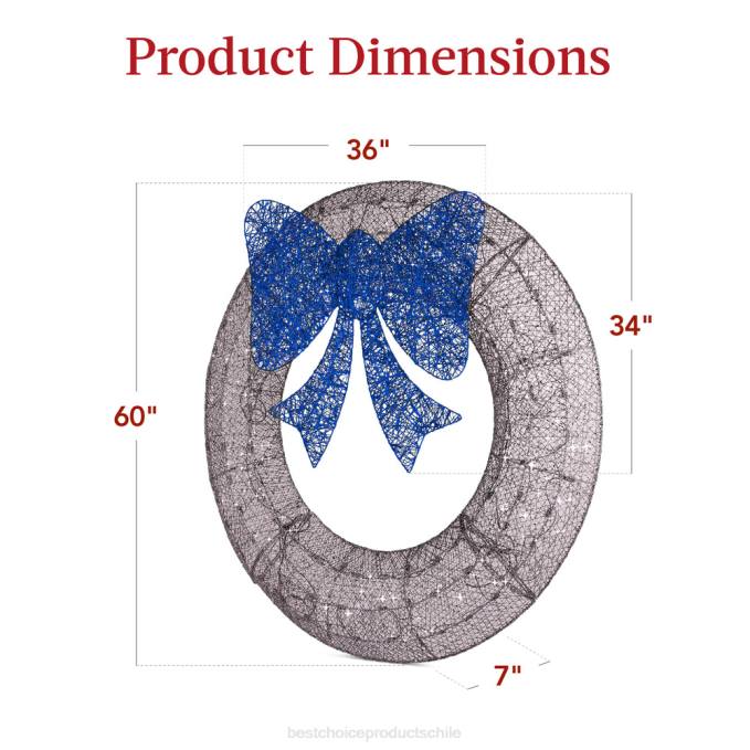 estacional Best Choice Products Corona navideña preiluminada para exteriores, decoración navideña de metal LED con lazo azul plateado08BN213