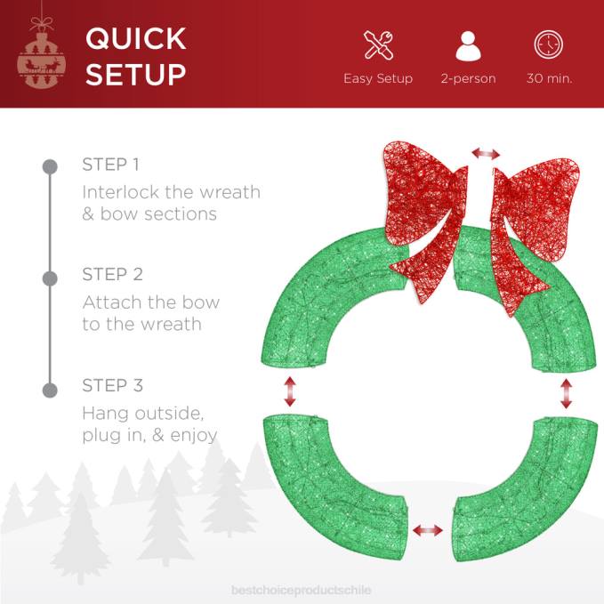 estacional Best Choice Products Corona navideña preiluminada para exteriores, decoración navideña de metal LED con lazo verde rojo08BN124