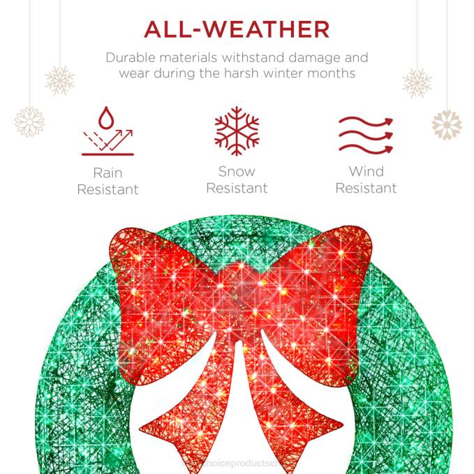 estacional Best Choice Products Corona navideña preiluminada para exteriores, decoración navideña de metal LED con lazo verde rojo08BN124