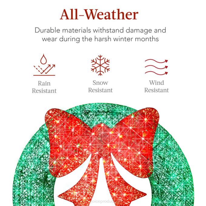 estacional Best Choice Products Corona navideña preiluminada para exteriores, decoración navideña de metal LED con lazo verde rojo08BN211