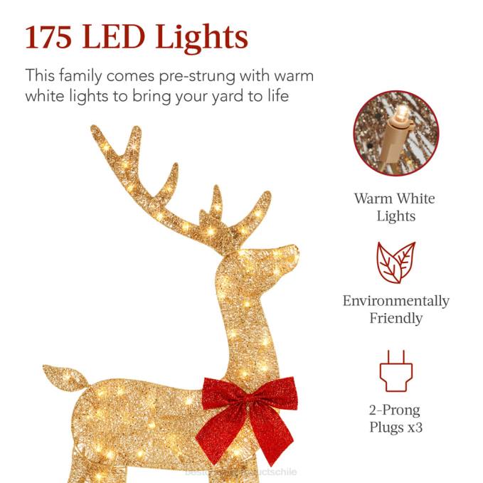 estacional Best Choice Products Juego de ciervos navideños 2d iluminados de 3 piezas para decoración exterior con 175 luces LED oro08BN236