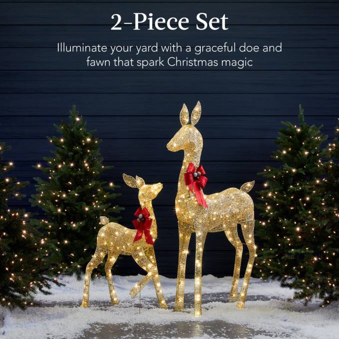 estacional Best Choice Products Juego de decoración para exteriores con familia de ciervos navideños iluminados de 2 piezas con luces LED oro08BN171