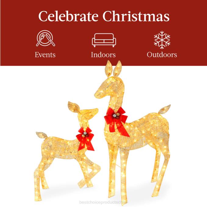 estacional Best Choice Products Juego de decoración para exteriores con familia de ciervos navideños iluminados de 2 piezas con luces LED oro08BN171